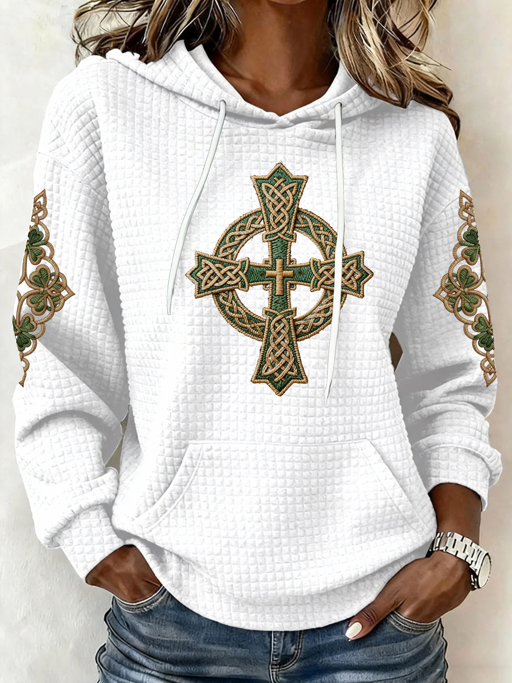 Women's St. Patrick's Day Printed Waffle Knit Hoodie-Fast Shipping