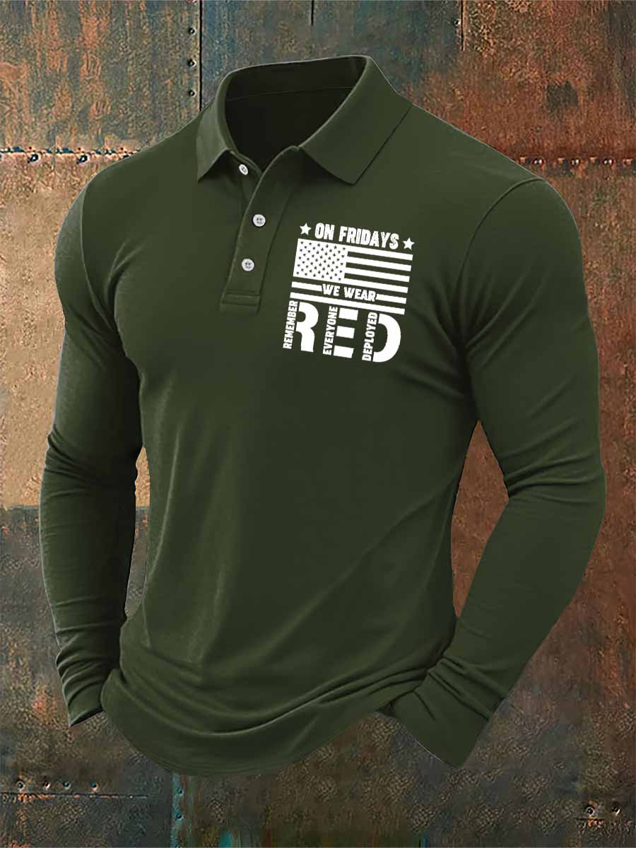 On Fridays We Wear Red Print Casual Long Sleeve Polo Shirt