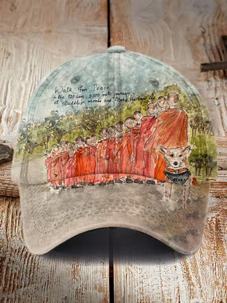 Retro Walk For Peace The 120 Days, 2,300 Mile Journey Of Buddhist Monks And Aloka, The Loyal Dog Watercolor Painting Print Baseball Cap