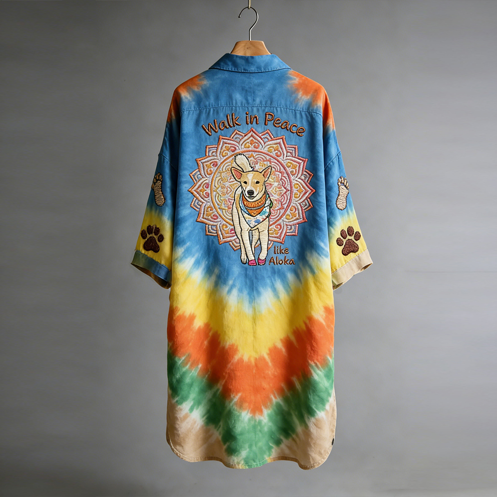 Women's Retro Walk For Peace Monk Aloka Dog Tie-dye Button-down Shirt Dress