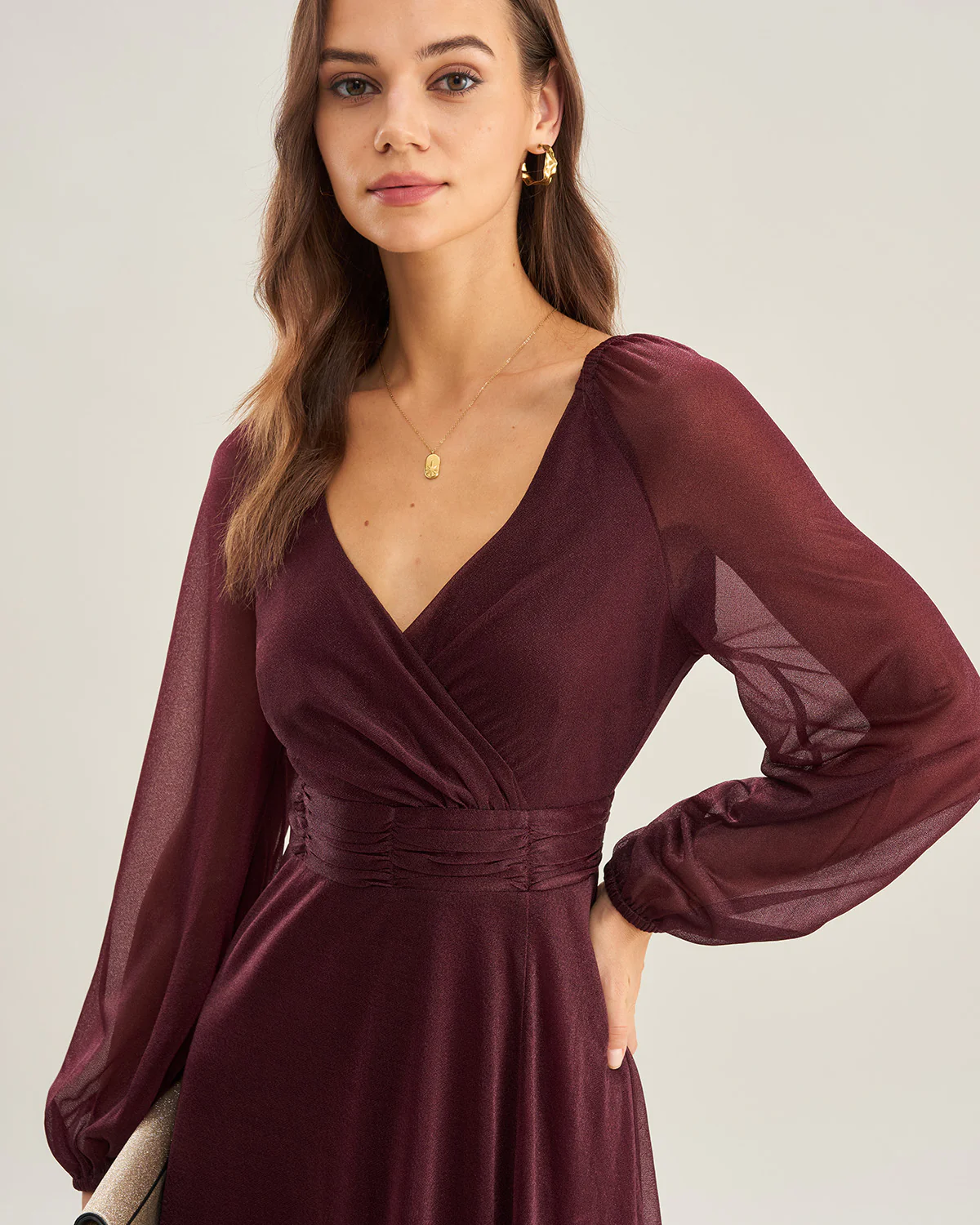 Purple V Neck See Through A-Line Maxi Dresses