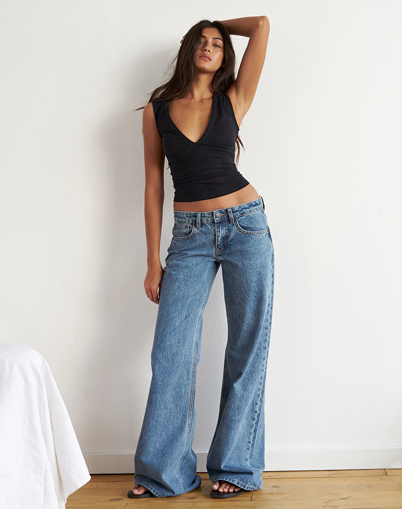 Low Rise Slouchy Flare Jeans in Blue Stone