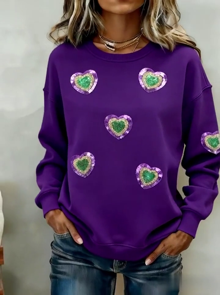 Women'S Casual Color-Block Heart-Patterned Pullover Sweatshirt