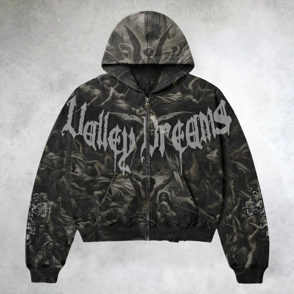 Gothic Art Angel  Distressed Zip Up Hoodie