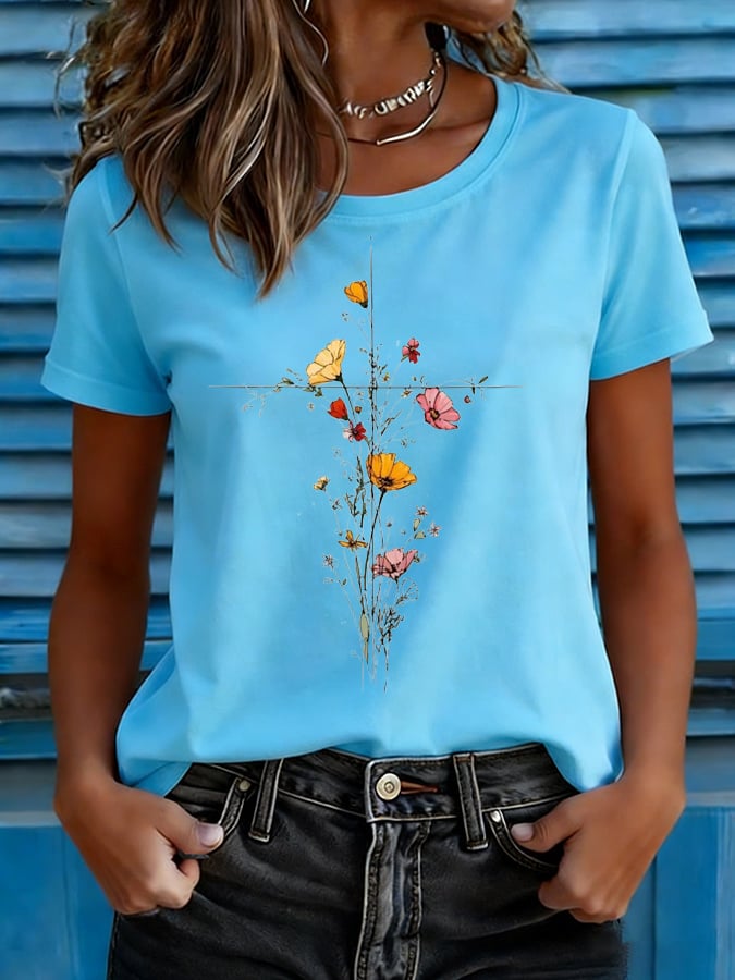 Women's Floral Cross Print T-shirt