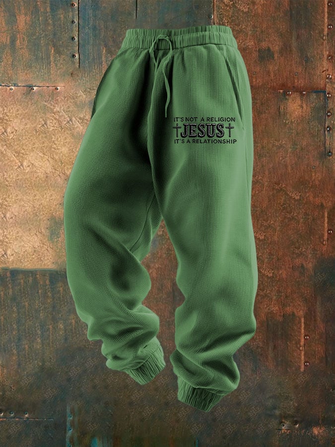 Men's It'S Not A Religion Jesus It'S A Relationship Print Textured Casual Loose Sweatpants