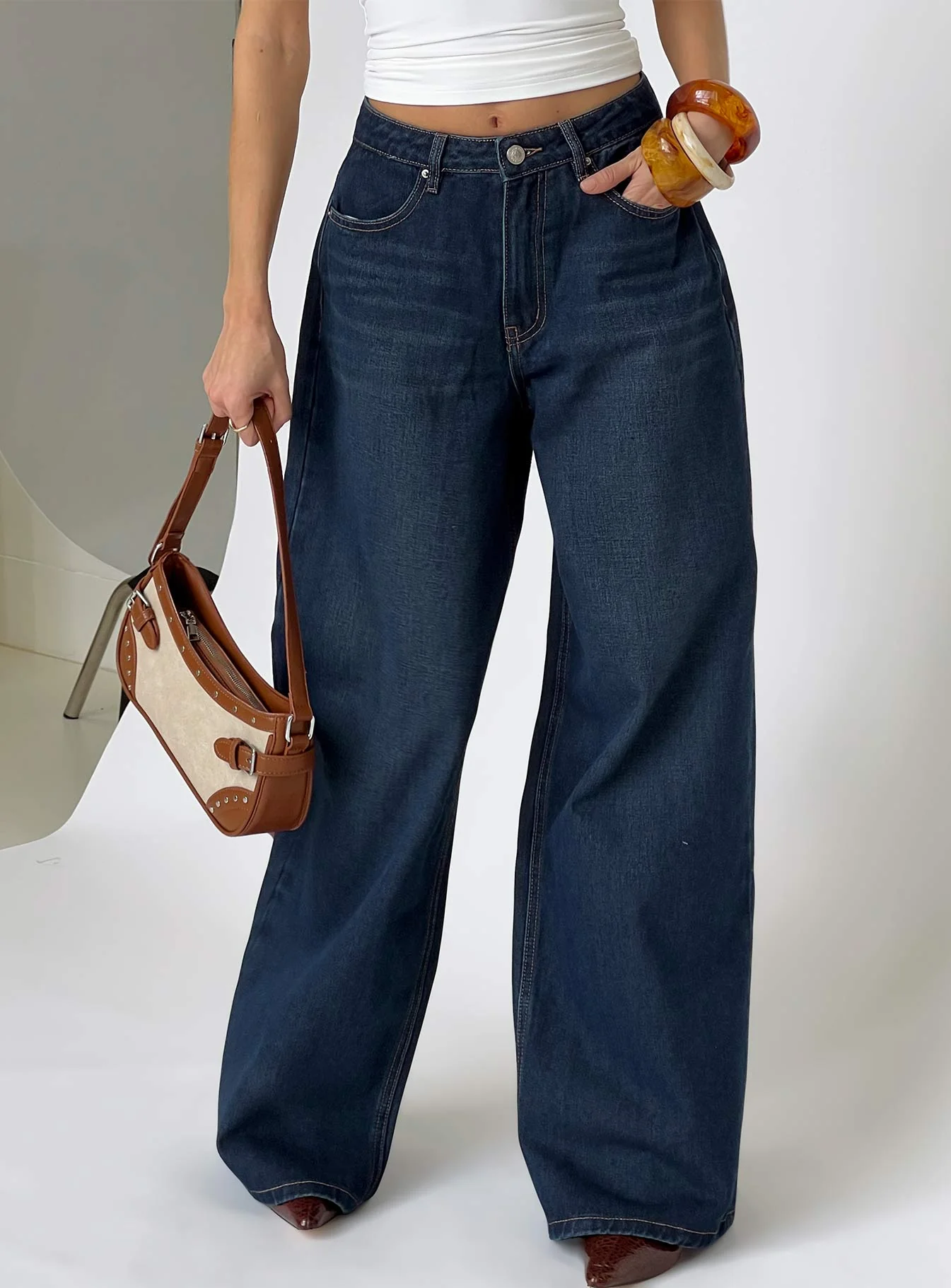 Naylor Mid Rise Wide Leg Jeans Mid Blue Denim Petite