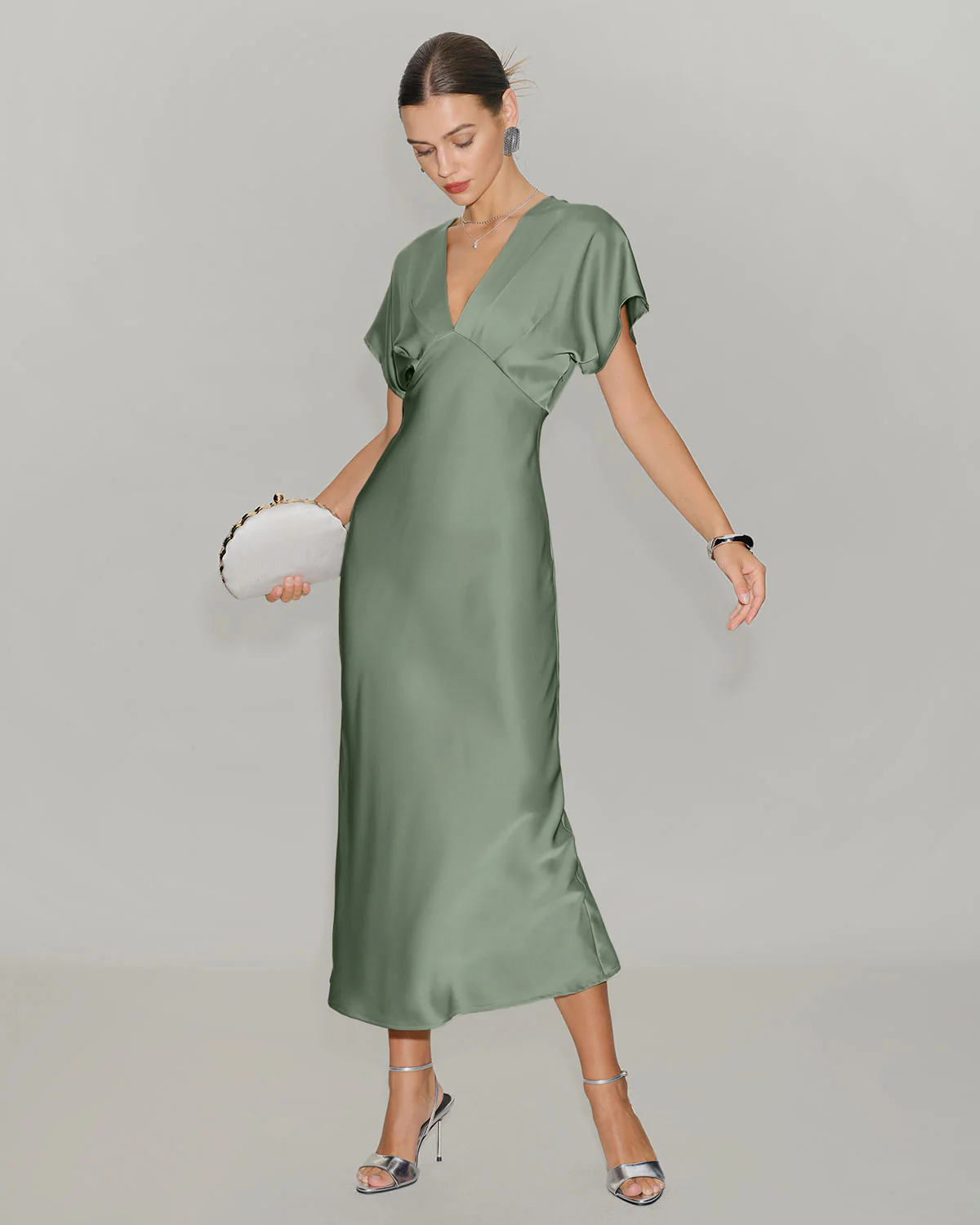 Green Satin V Neck A-Line Midi Dress