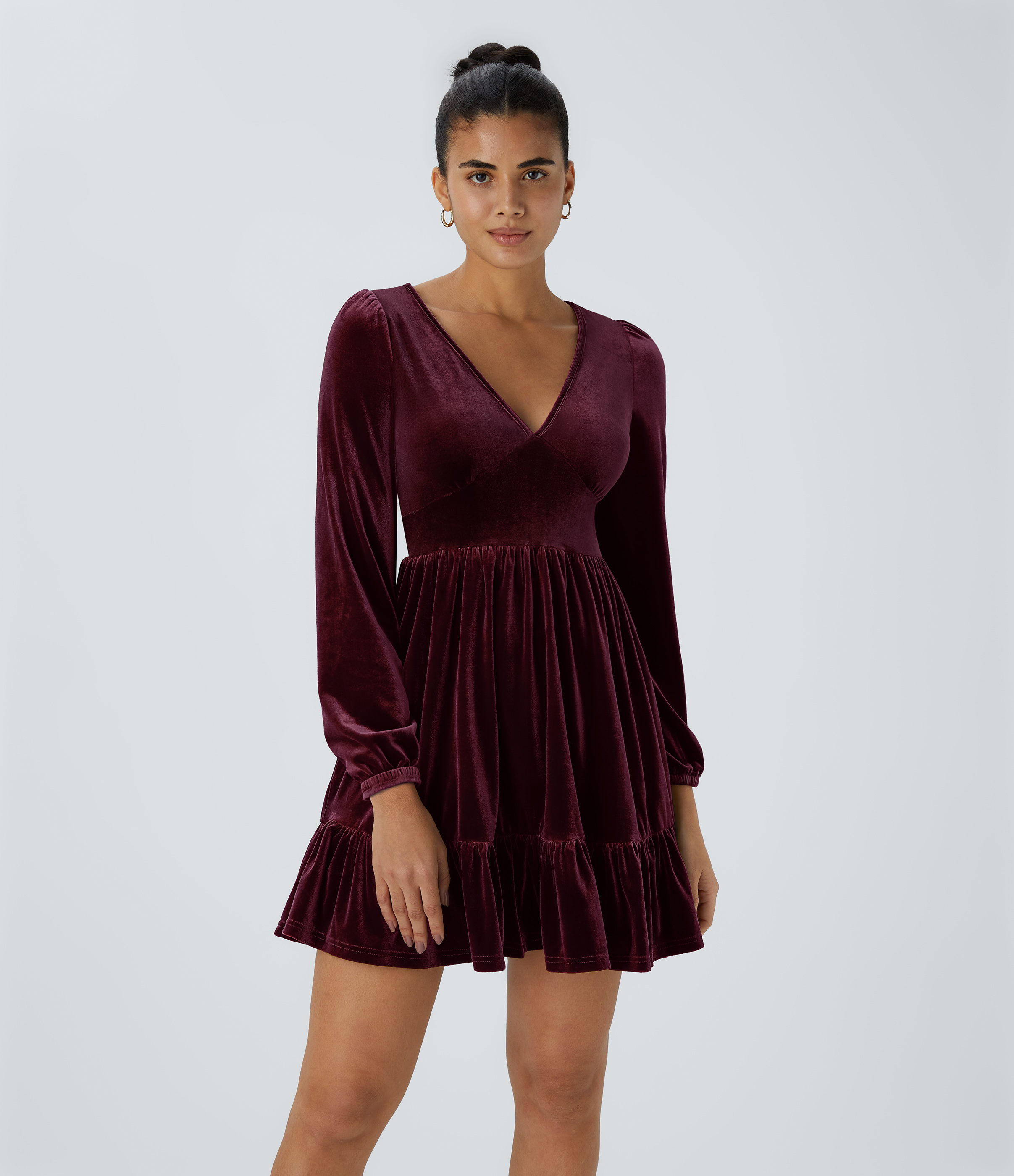 Everyday Deep V Neck Long Sleeve Ruffled Hem Velvet Mini Chill Dress