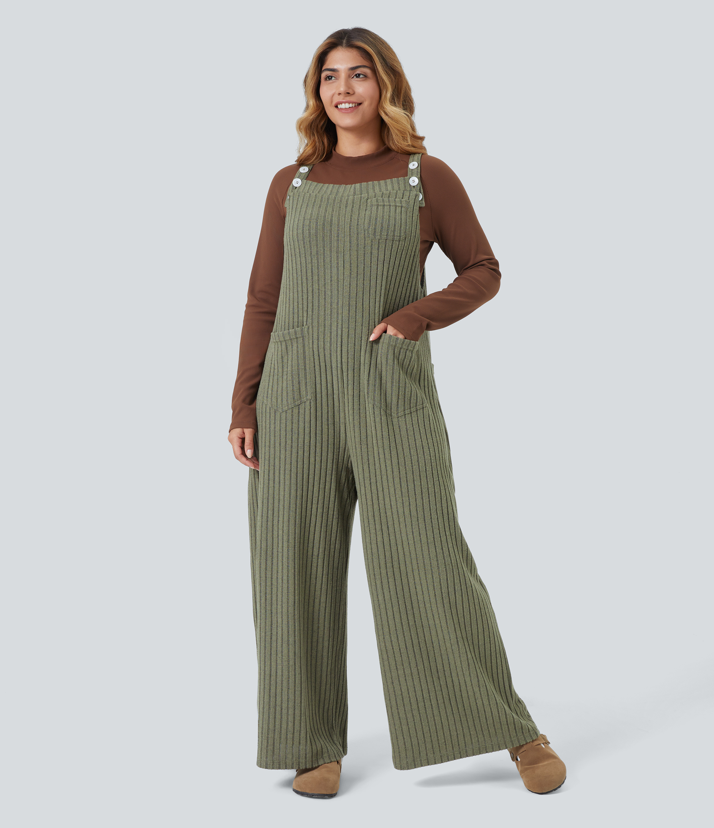 Ribbed Knit Casual Plus Size Overalls with Pockets