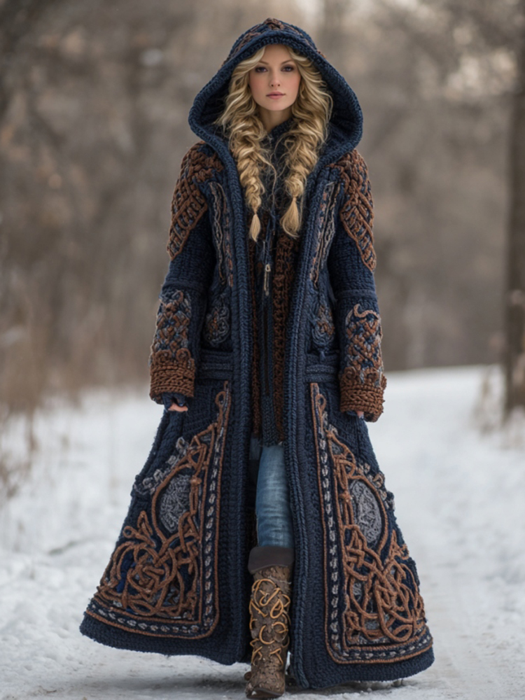 Women's Vintage Viking Celtic Knot Knit Long Sweater Jacket