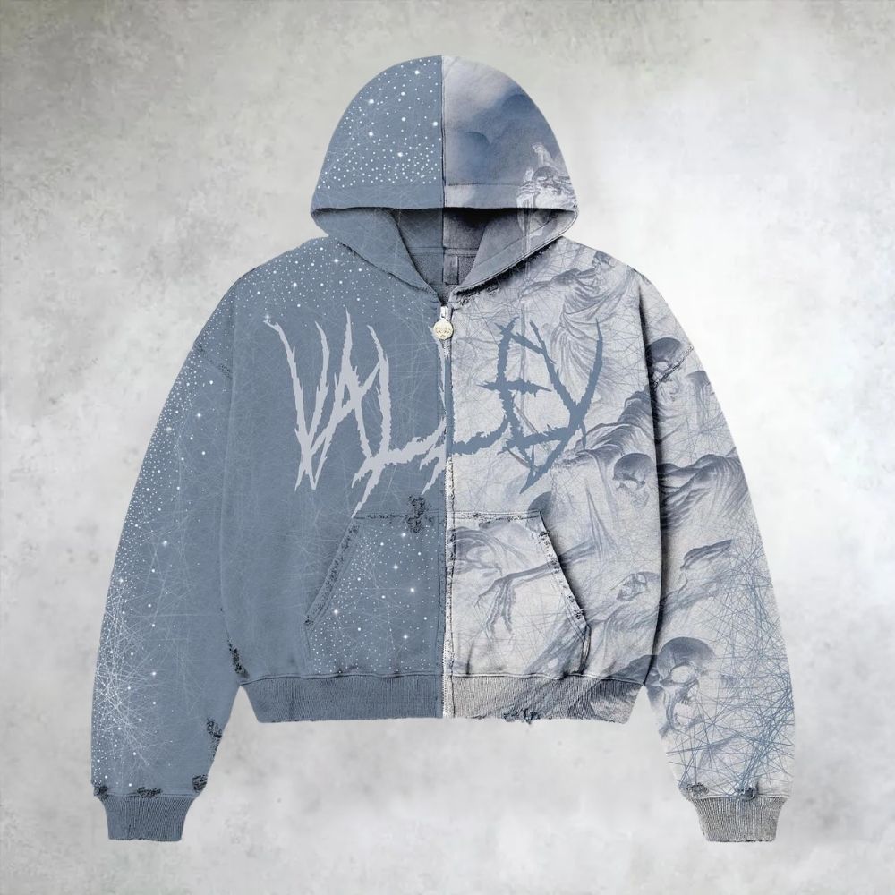 Spliced Starry Skull Print Loose Zip Up Hoodie