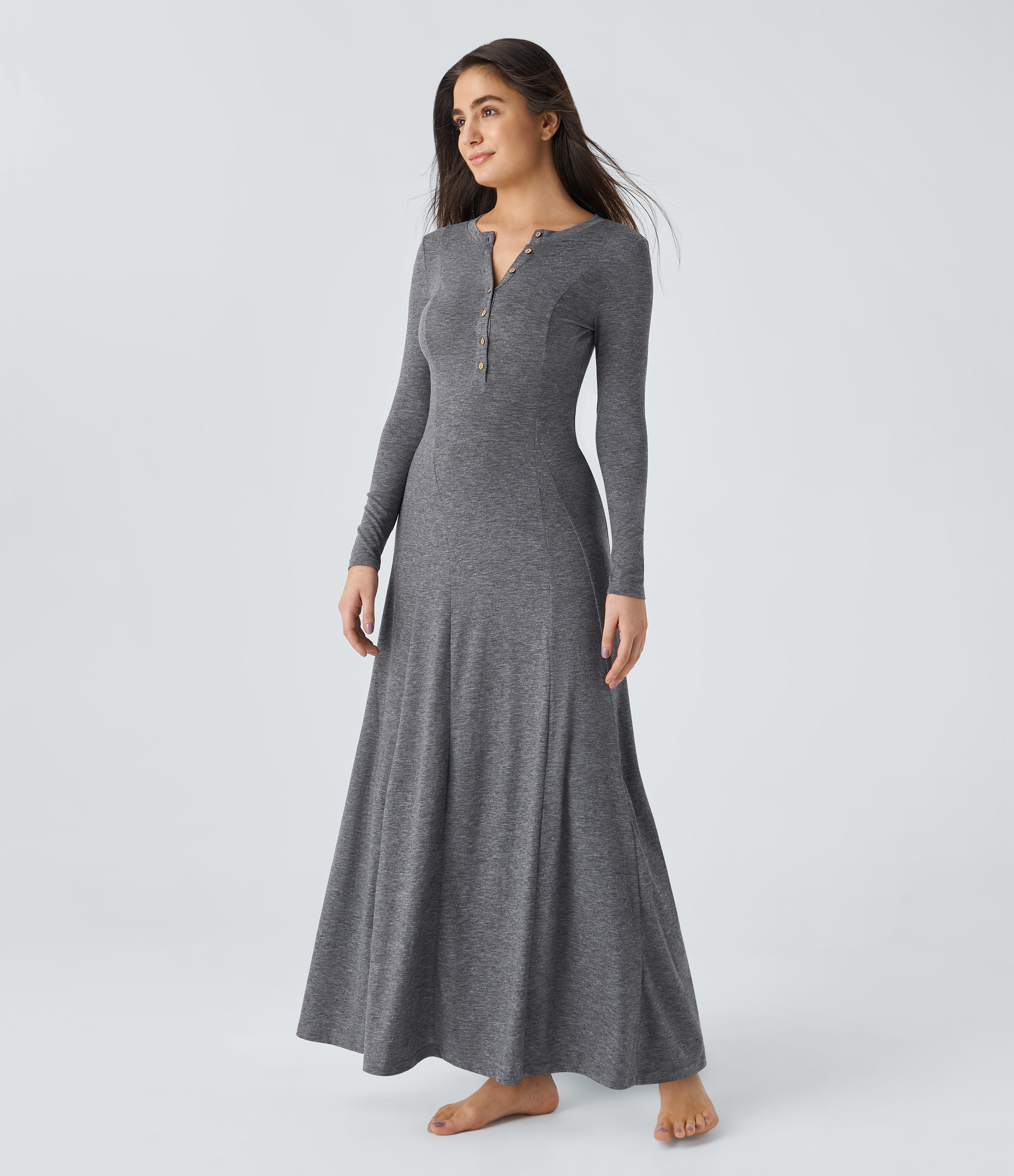 Henley Long Sleeve Flare Maxi Casual Dress