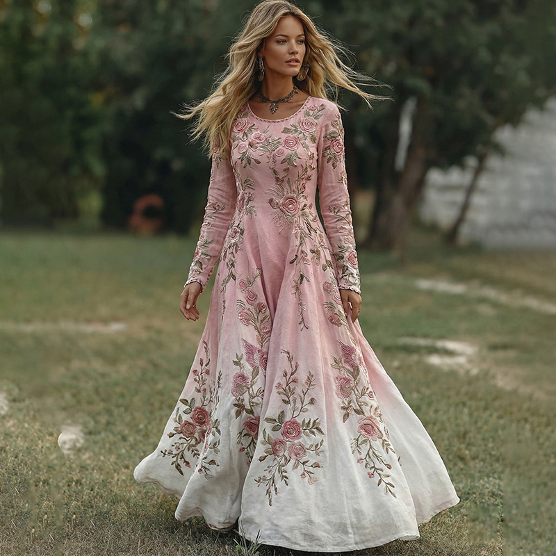 Women's Boho Floral Embroidered Floral V Neck Resort Maxi Dress