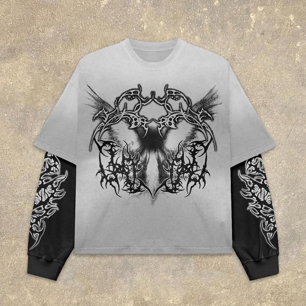 Fake Two Wings Heart Print Long Sleeve T-Shirt