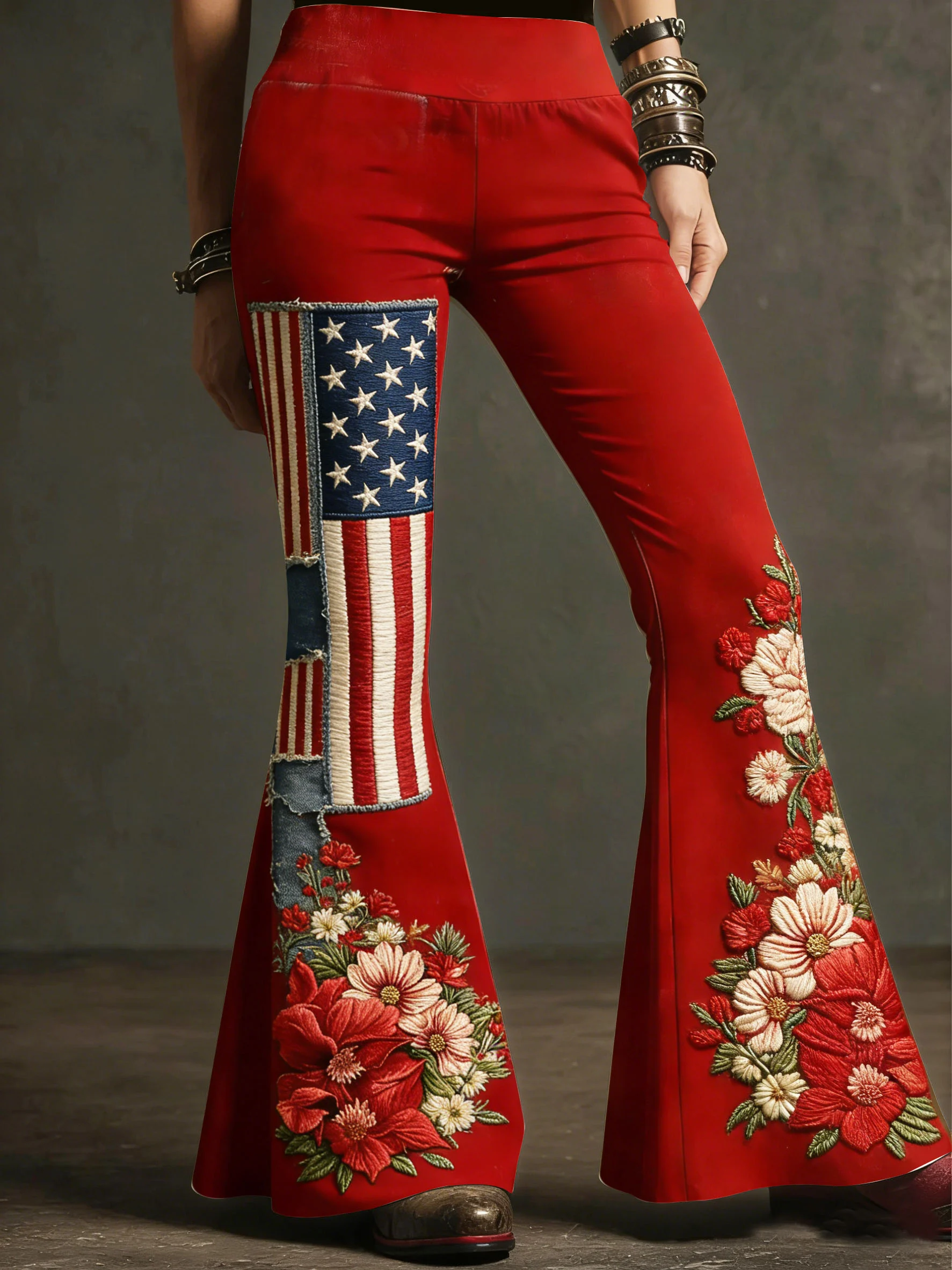 Women's patriotic flared trousers with flag print.