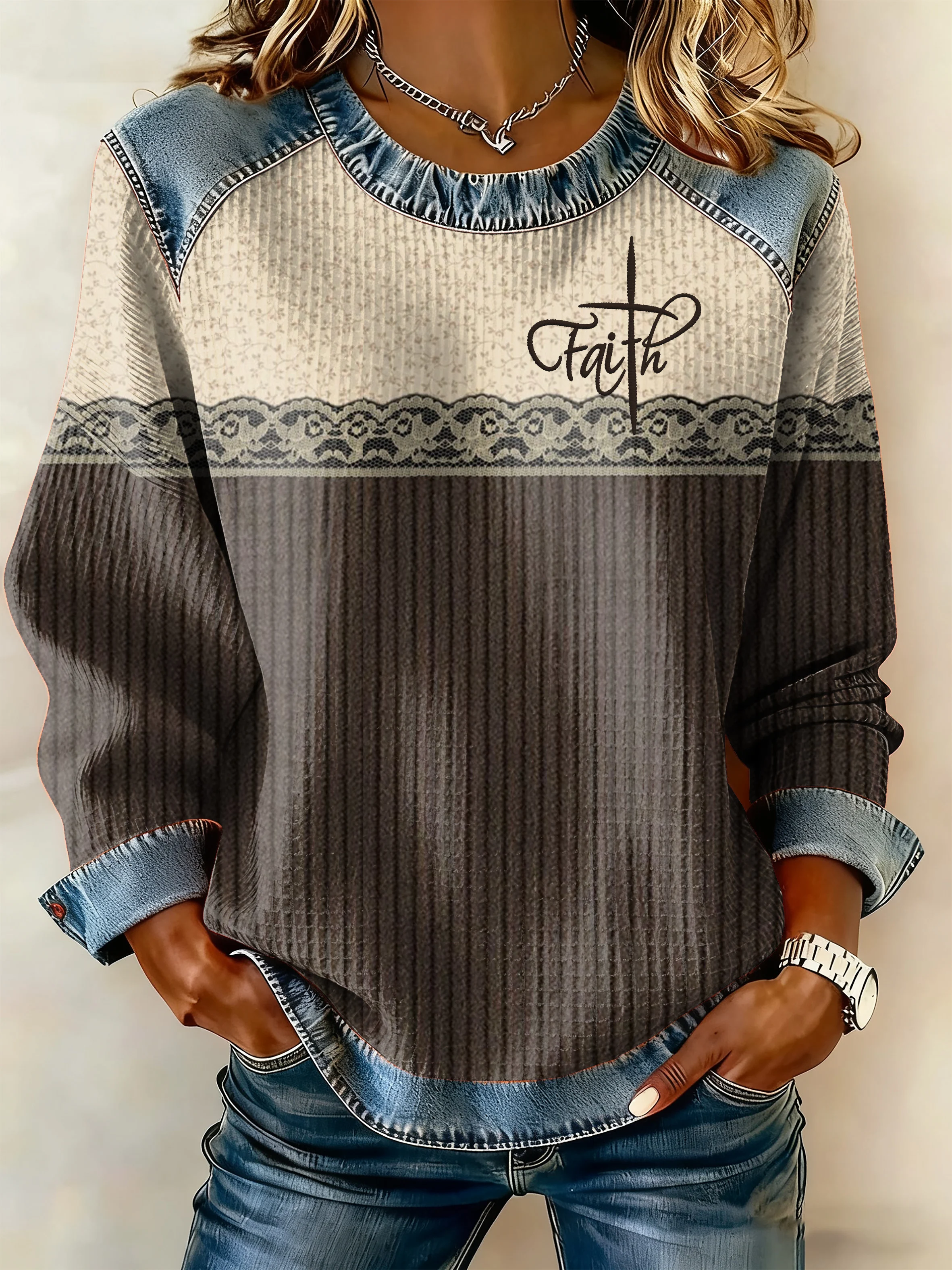 Women's Autumn/Winter Retro Western Style Denim Print Top-Fast Shipping