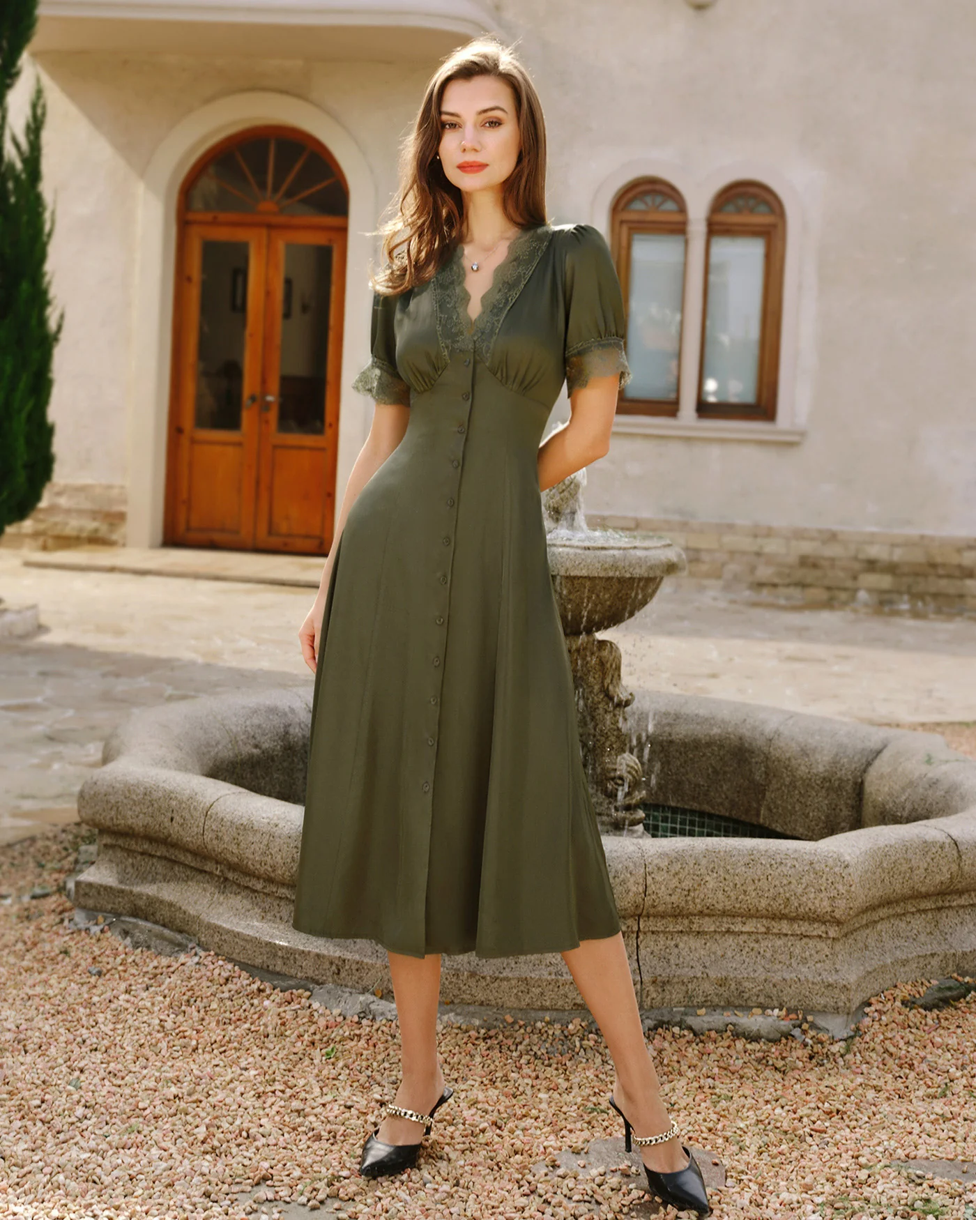 Green Lace Satin Midi Dress