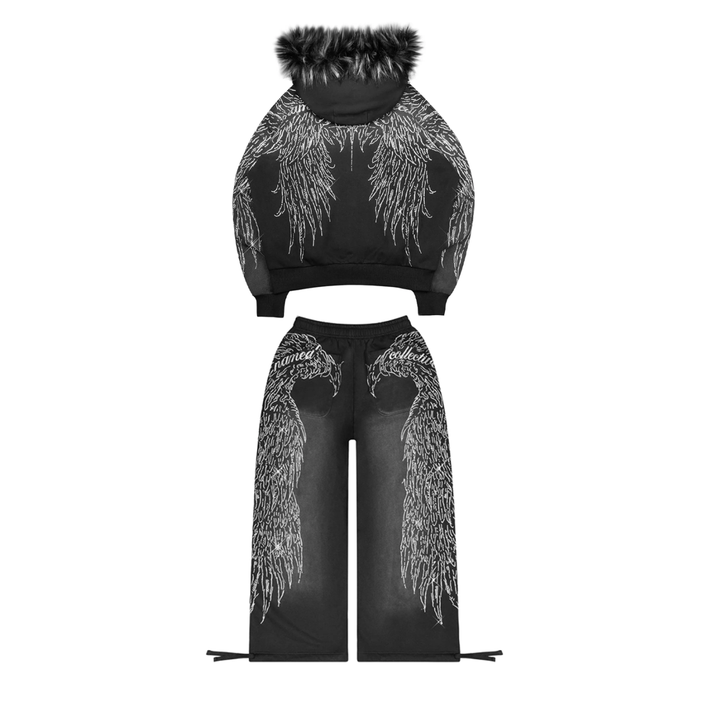 FAUX FUR RHINESTONE SET Black