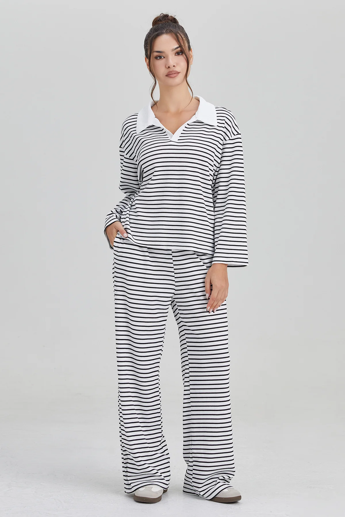 KatchMe Classic V-Neck Stripe Long Sleeve Top & Wide Leg Trousers Co-ord