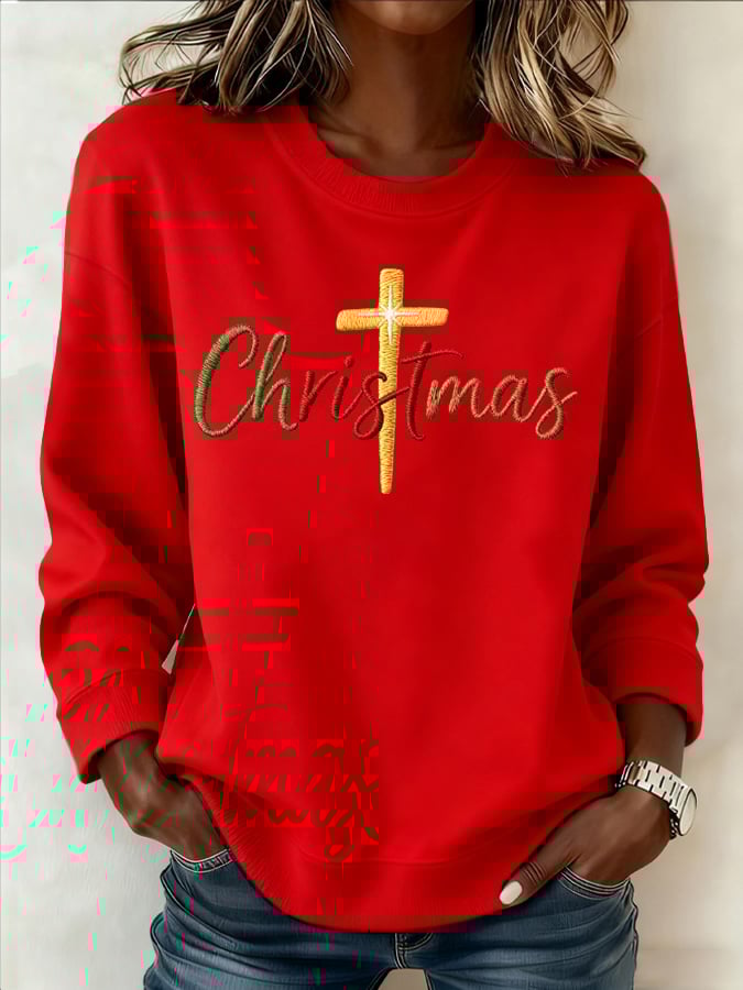 Women's Faith Christmas Cross Print Casual Sweatshirt