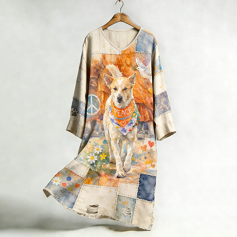 Women's Retro Walk For Peace Monk Aloka Dog Linen V-neck Dress