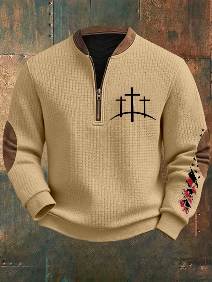 Men's Retro Faith Design Printed Zip Knit Sweatshirt