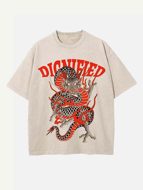 Distressed Washed Dragon&Letter Print Round Neck T-shirt