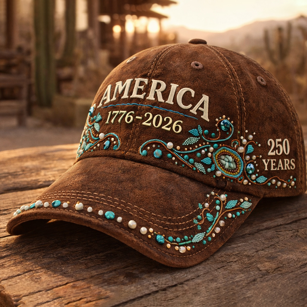 America 250th Anniversary 1776–2026 Vintage Distressed Leather Baseball Cap with Embroidered Lettering & Turquoise Beaded Western Cowboy Style Hat