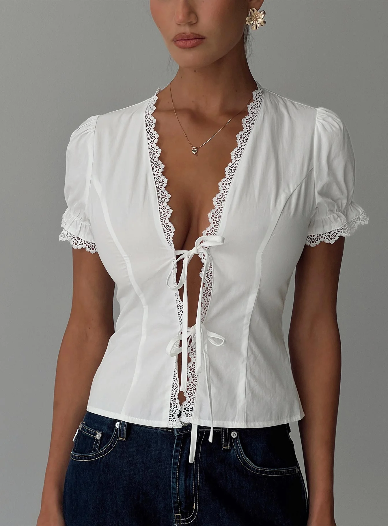 Abundance Tie Up Lace Trim Top White