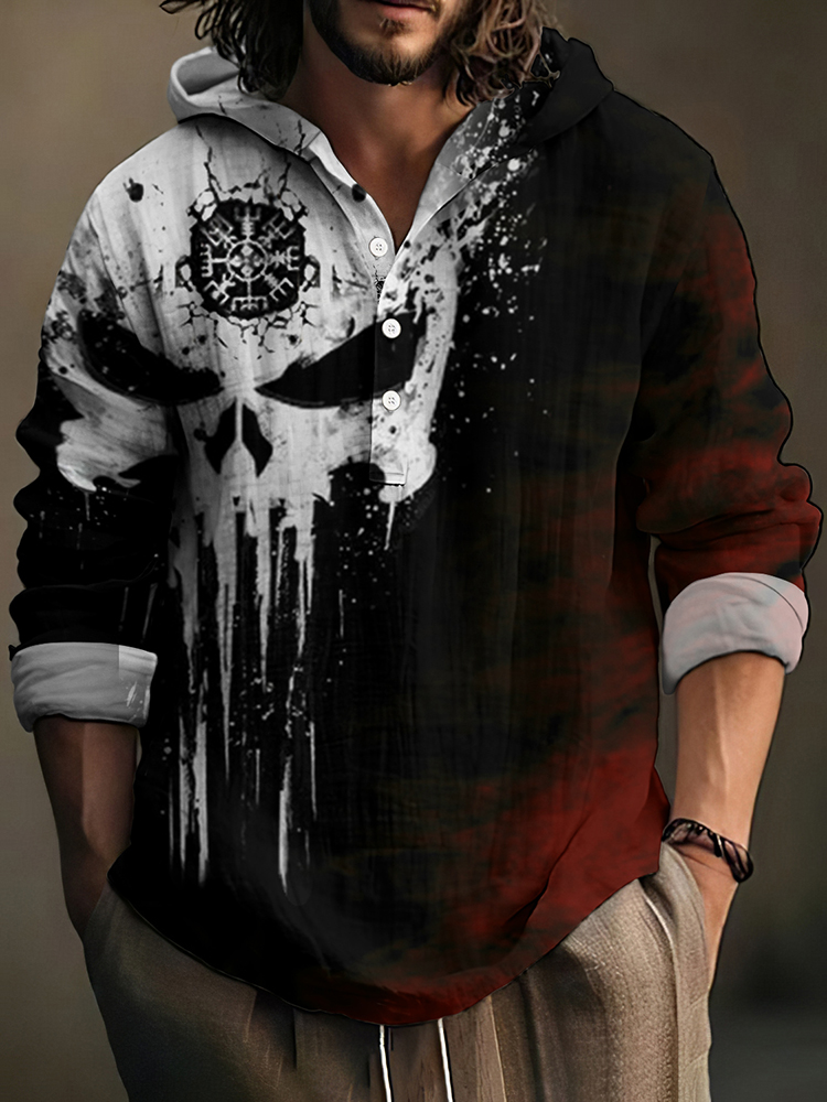Vintage Viking Skull Contrast Color Art Men's Linen Hooded Shirt