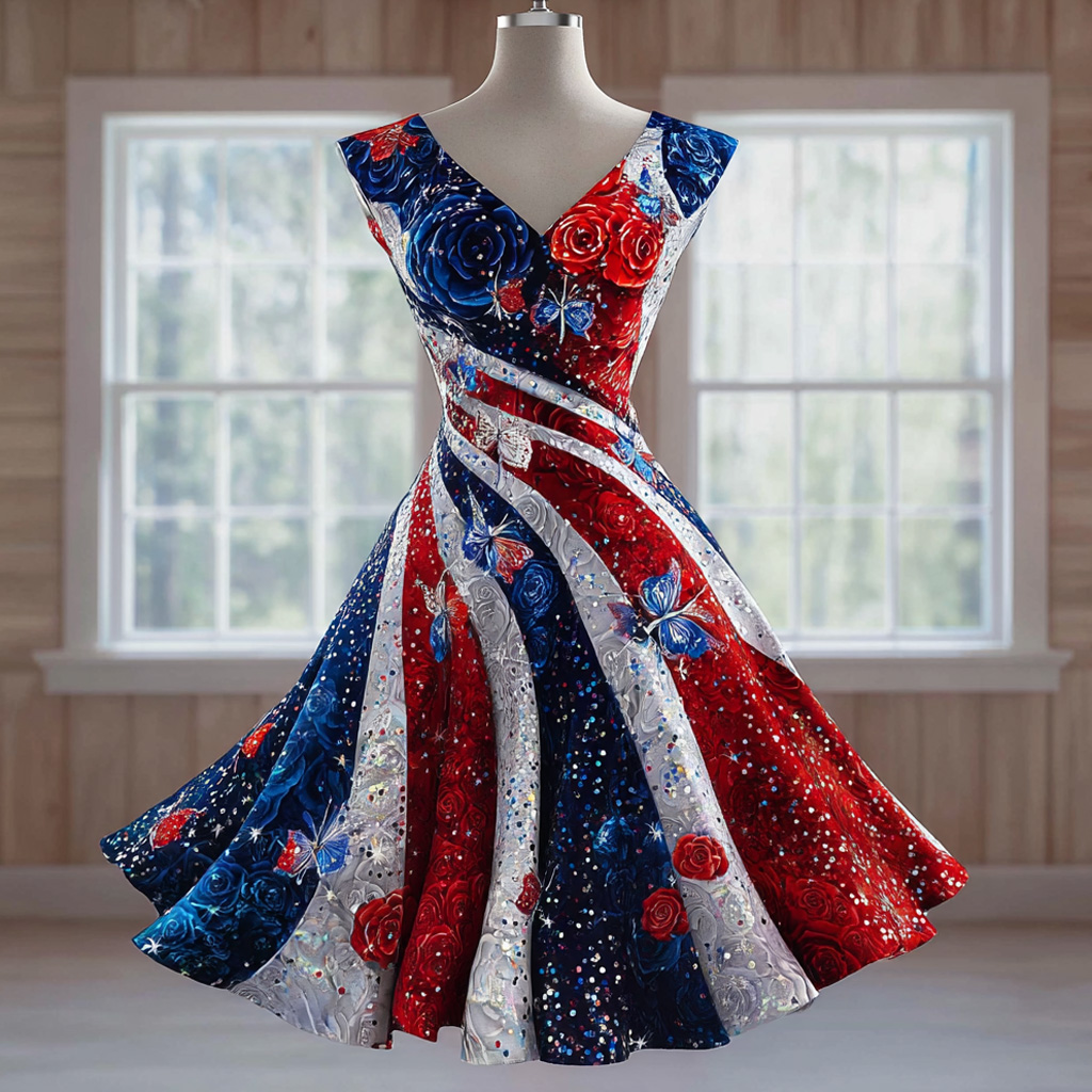 Women's US 250th Anniversary Retro Floral Print Casual Dress