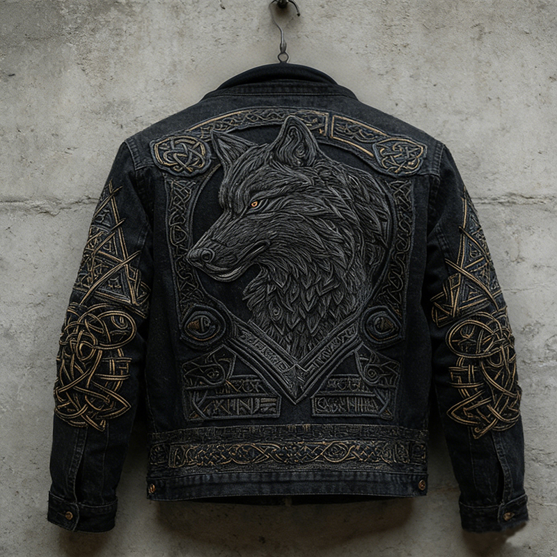 Men's Vintage Viking Celtic Wolf Art Washed Denim Jacket