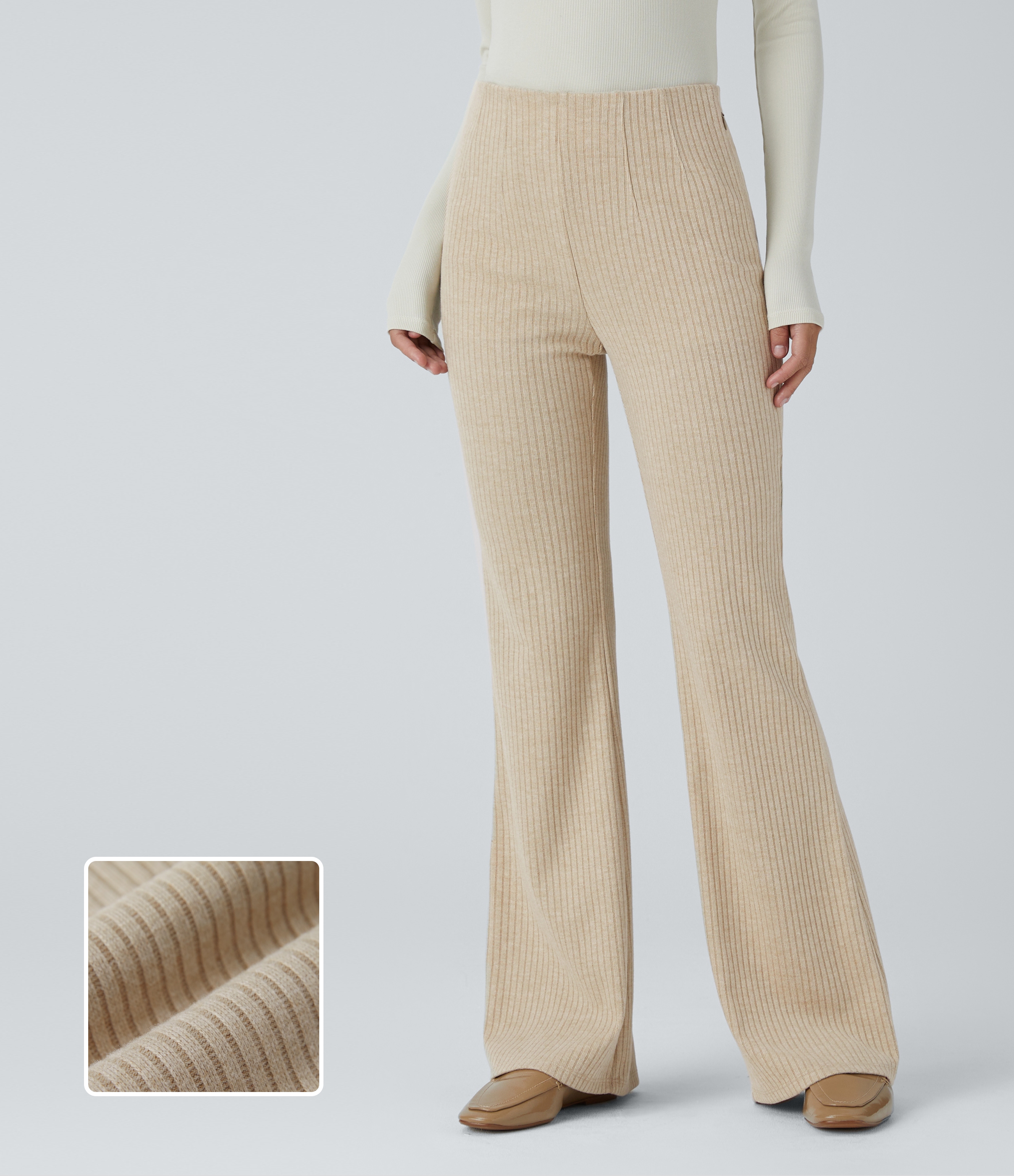 Ribbed Knit High Waisted Side Zipper Pockets Casual Flare Pants