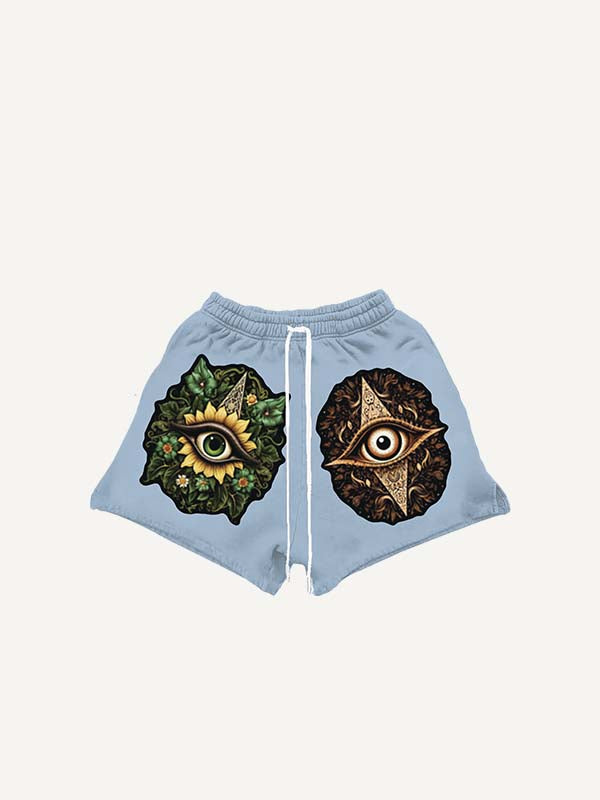 Eye&Floral&Graphic Print Drawstring Waist Shorts