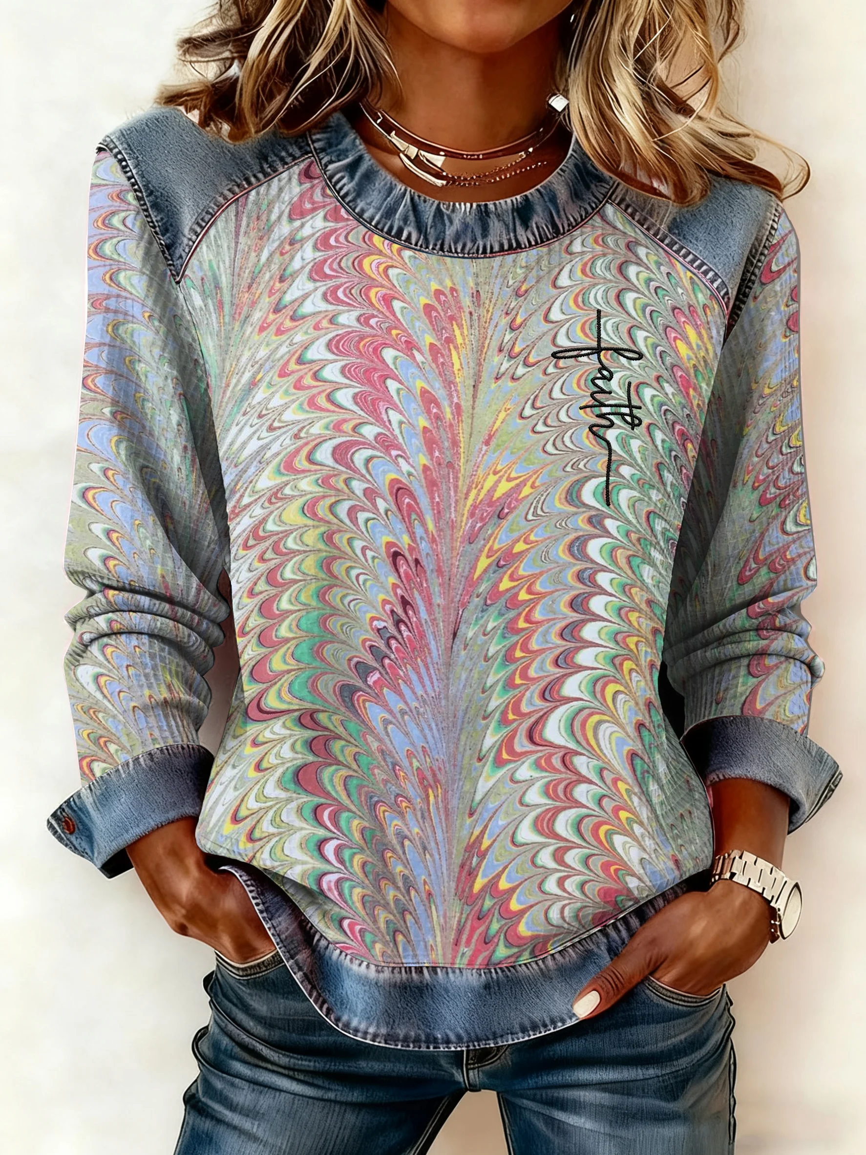 Women's Autumn/Winter Retro Western Style Denim Print Top-Fast Shipping