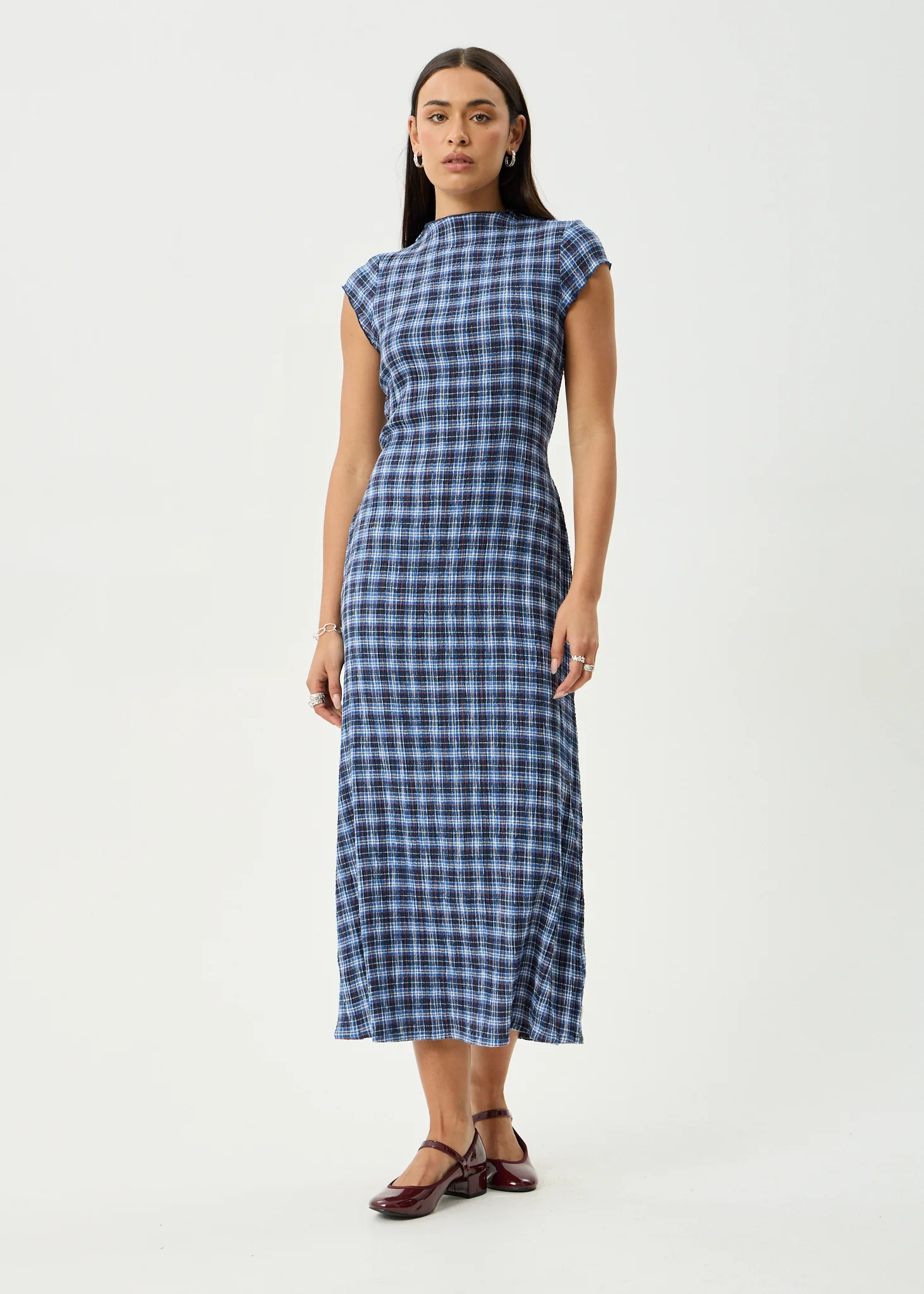 AFENDS Womens Mountains Elodie - Seersucker Midi Dress - Navy Red Check