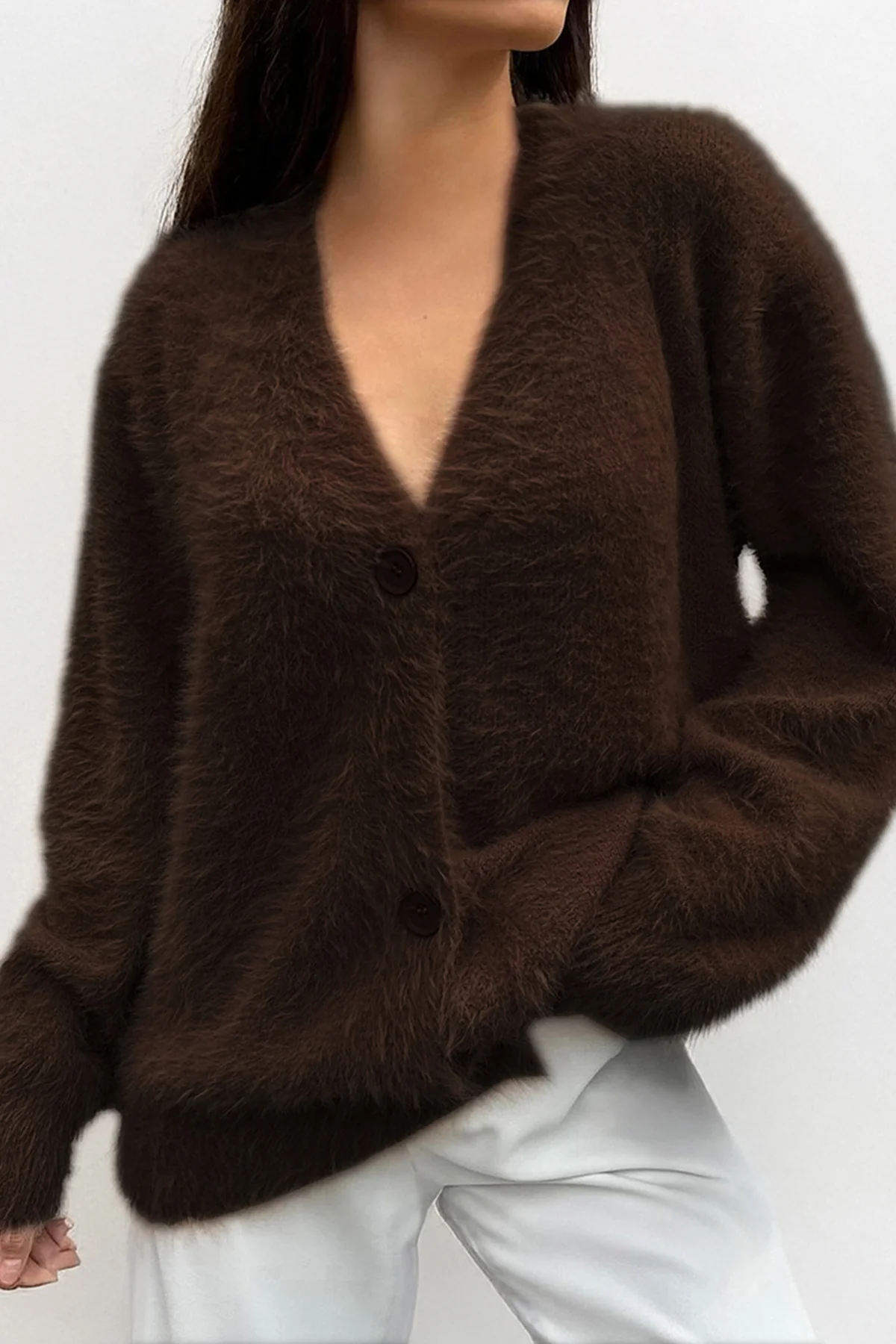 KatchMe Women's Elegant Solid Color V Neck Long Sleeve Faux Fur Button-Up Loose Cardigan, Slouchy Fall & Winter Cozy Outerwear for Women