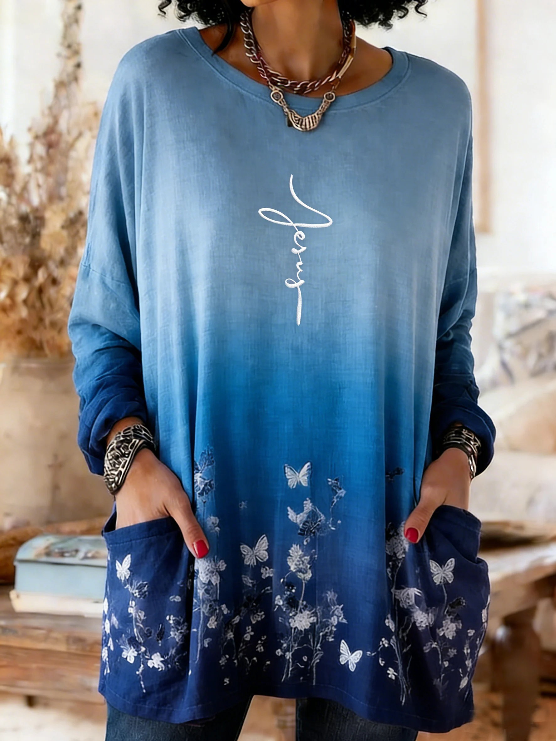 Women's elegant floral round-neck cotton and linen top for winter.-Fast Shipping