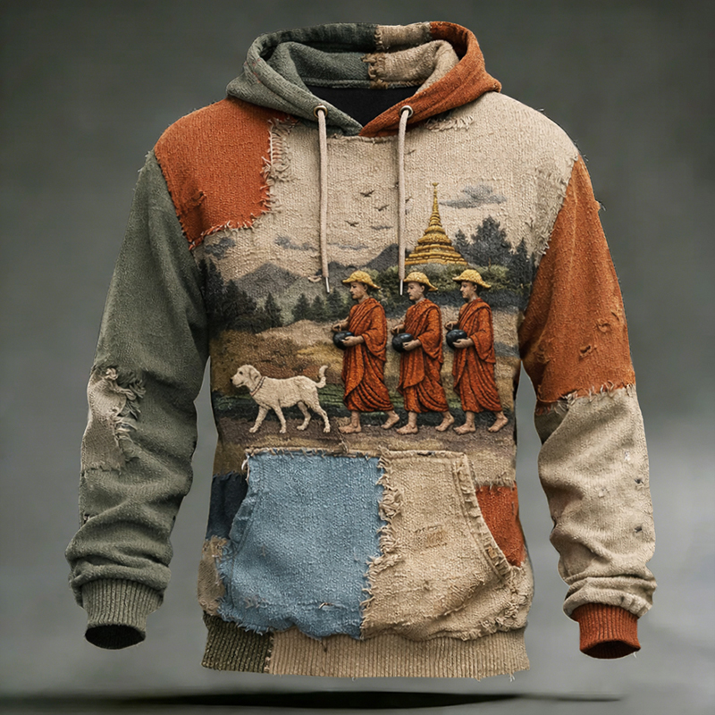 Retro Walk For Peace Monks With Aloka Dog Print Hooded Sweater