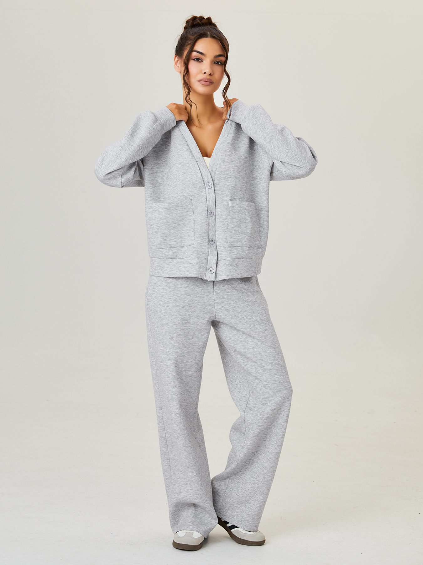 KatchMe Cozy V Neck Button Cardigan & Wide Leg Trousers Trousers Co-ord