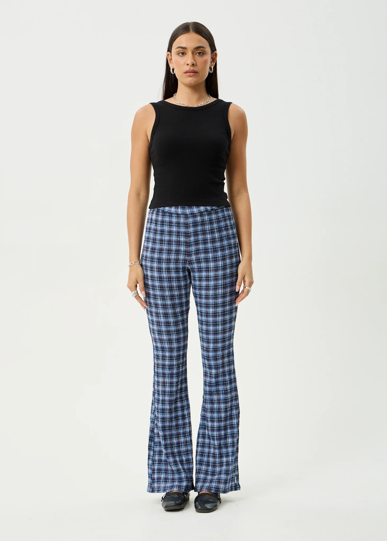 AFENDS Womens Mountains - Seersucker Flare Pant - Navy Red Check
