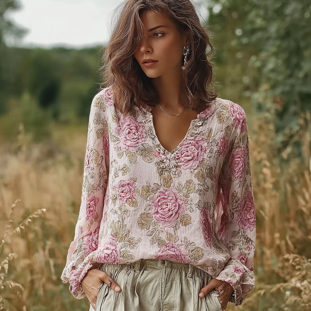 Bohemian Retro Countryside Style Plant Flower Design Cotton And Linen Women's Long-sleeve Shirt