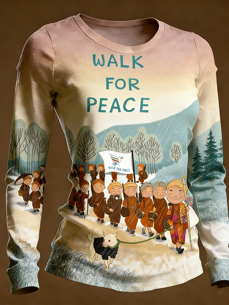 Walk For Peace Slogan Pattern Design Casual Long-sleeve T-shirt