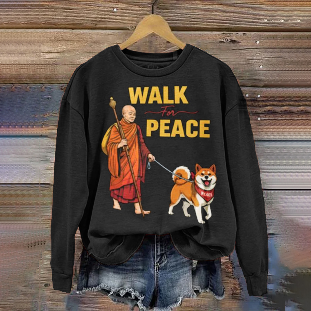 Retro Walk For Peace Monks With Aloka Dog Print Crew Neck Sweatshirt