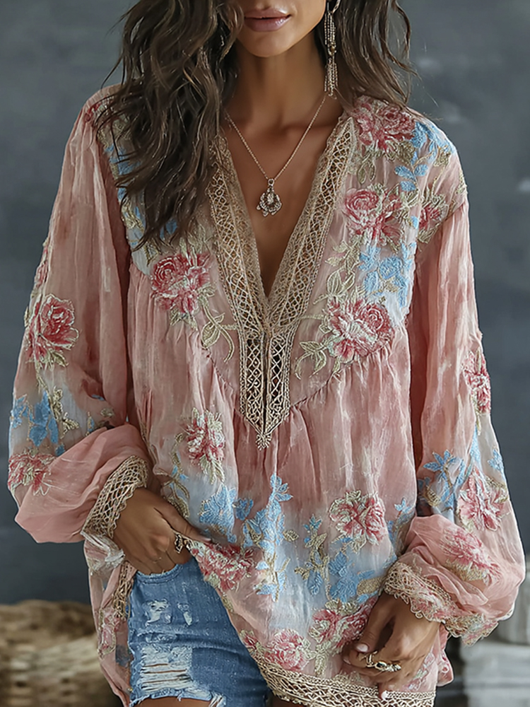 Women's Vintage Floral And Butterfly Embroidered Art Print Flowy Linen Blend Casual Tops