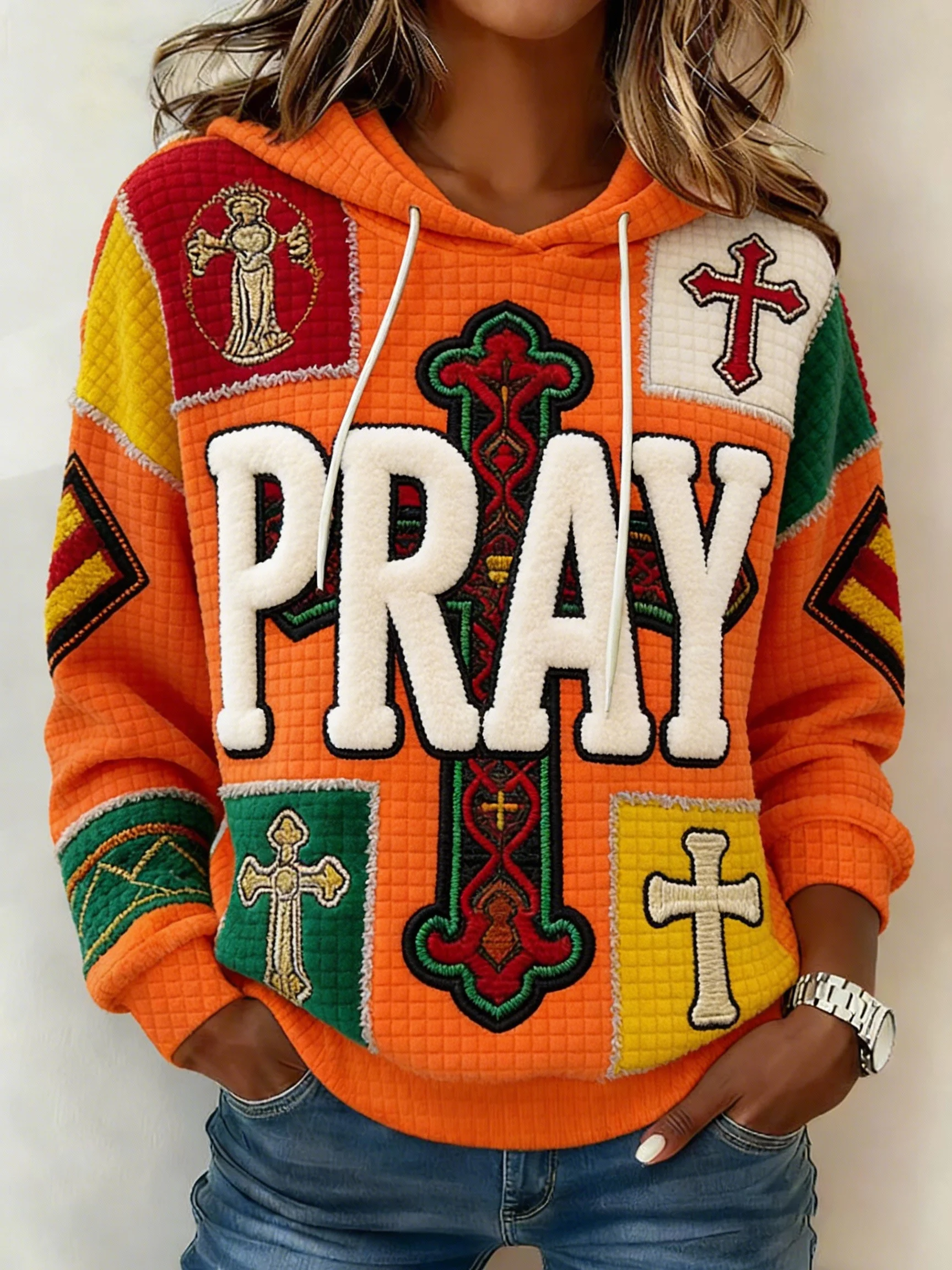 Women's Retro Faith Cross Pray Art Print Flannel Sweatshirt-Fast Shipping