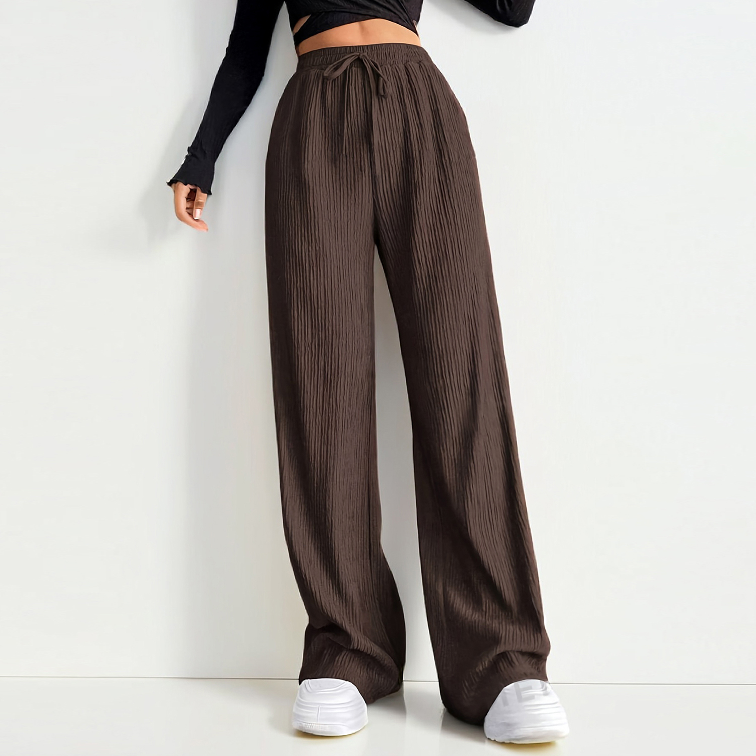 KatchMe Women's Casual Solid Color High Waist Wide Leg Trousers, Minimalist Drawstring Waist Street Womenswear, Versatile Women's Bottom