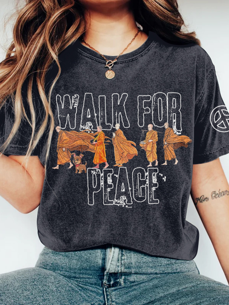 Women's Walk For Peace Monks With Aloka Dog Print Washed T-shirt