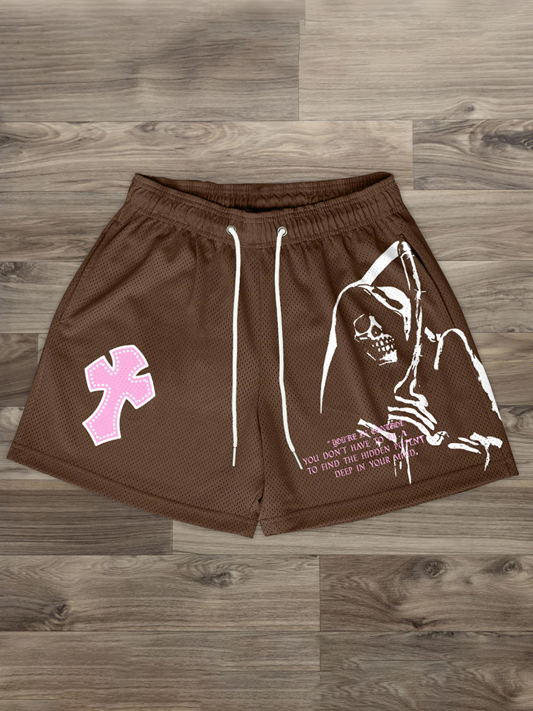 Grim Reaper Cross Print Mesh Shorts